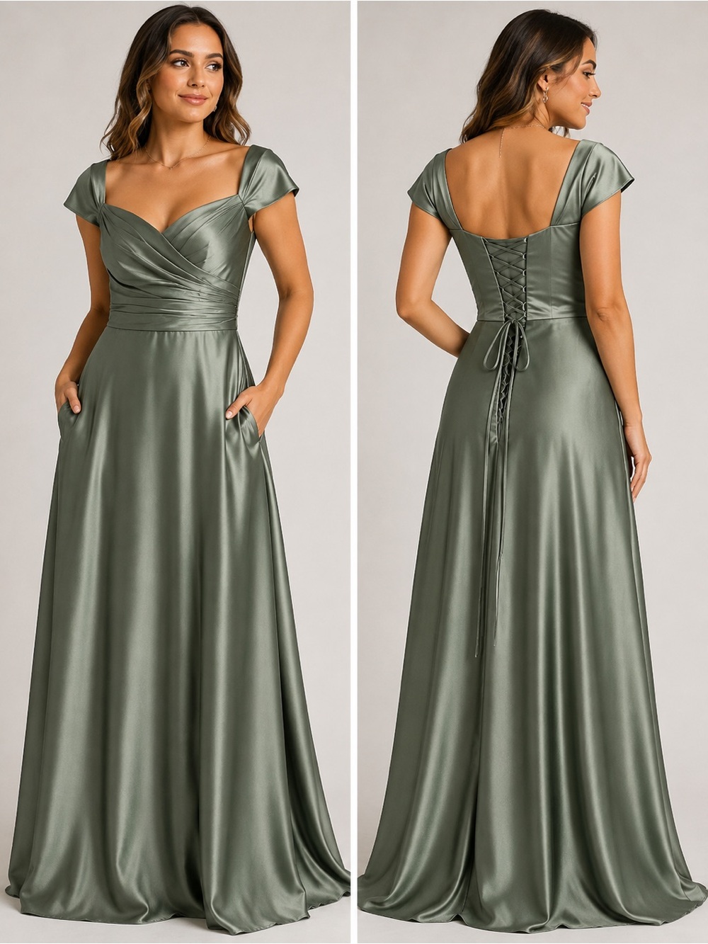 Sage Green Satin Corset Back Formal Maxi Dress Size 8 Bridesmaid Pockets